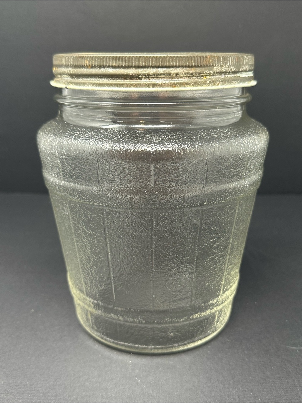 Vintage Ball Jar Textured Clear Glass Barrel with‎ Tin Lid Embossed 2863 A1